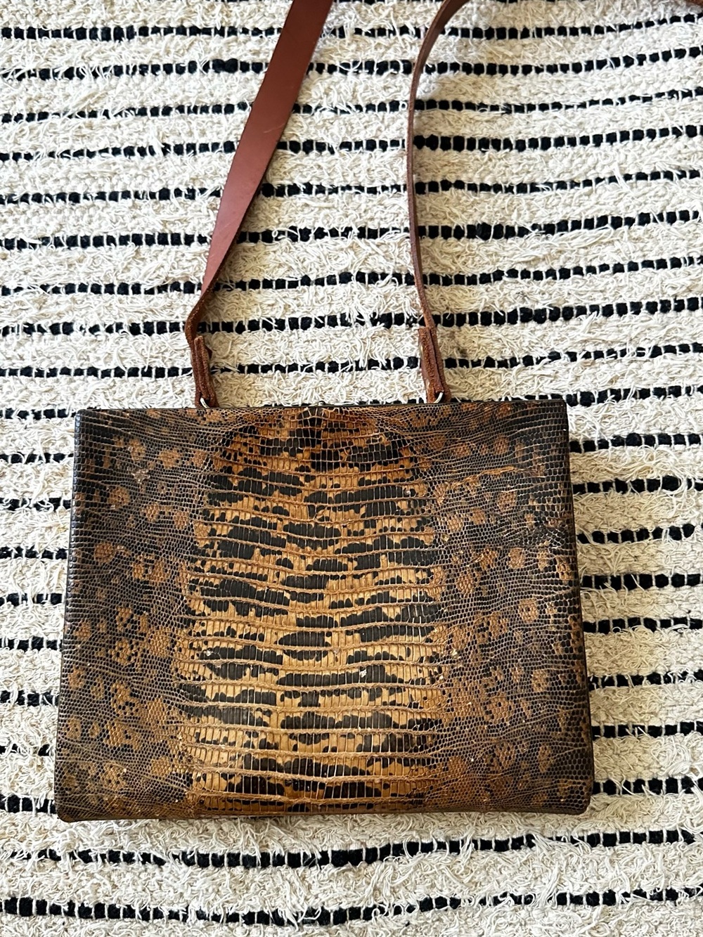 Brown Vintage Lizard Skin Clutch With Added Leather Strap Collectible Practical